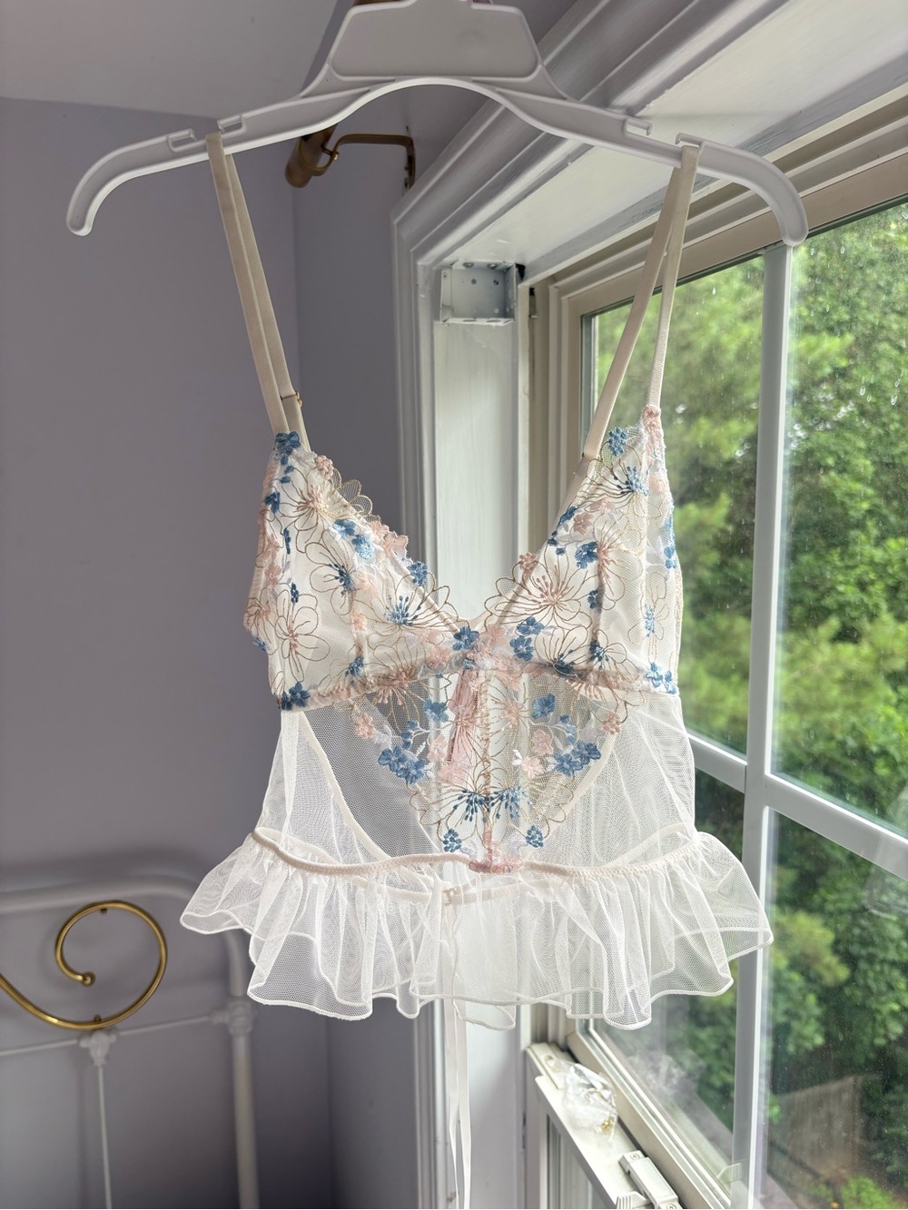Victoria's Secret Cream Sheer Lace Chemise with Blue Floral Embroidery